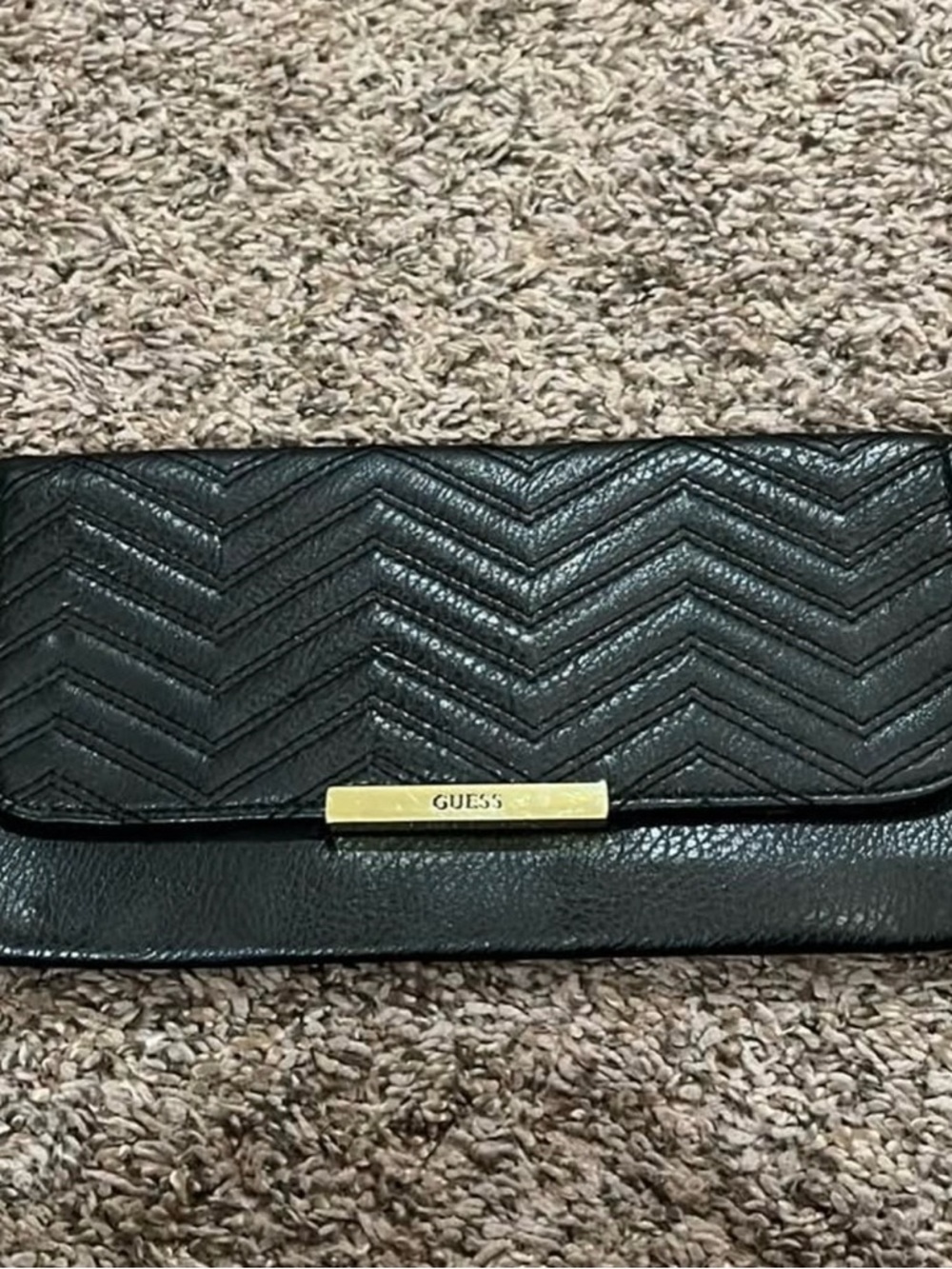 GUESS Black Quilted Chevron Wallet with Gold Logo Bar